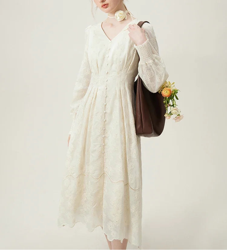 Long sleeved Jacquard Beige Dress