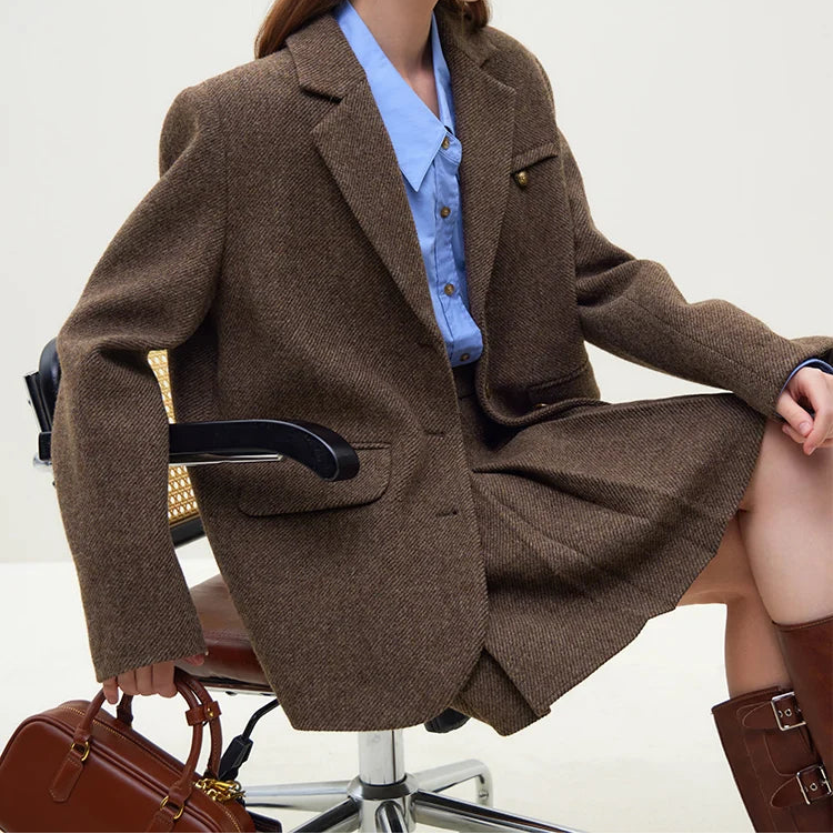 Brown Woolen Blazer & Skirt