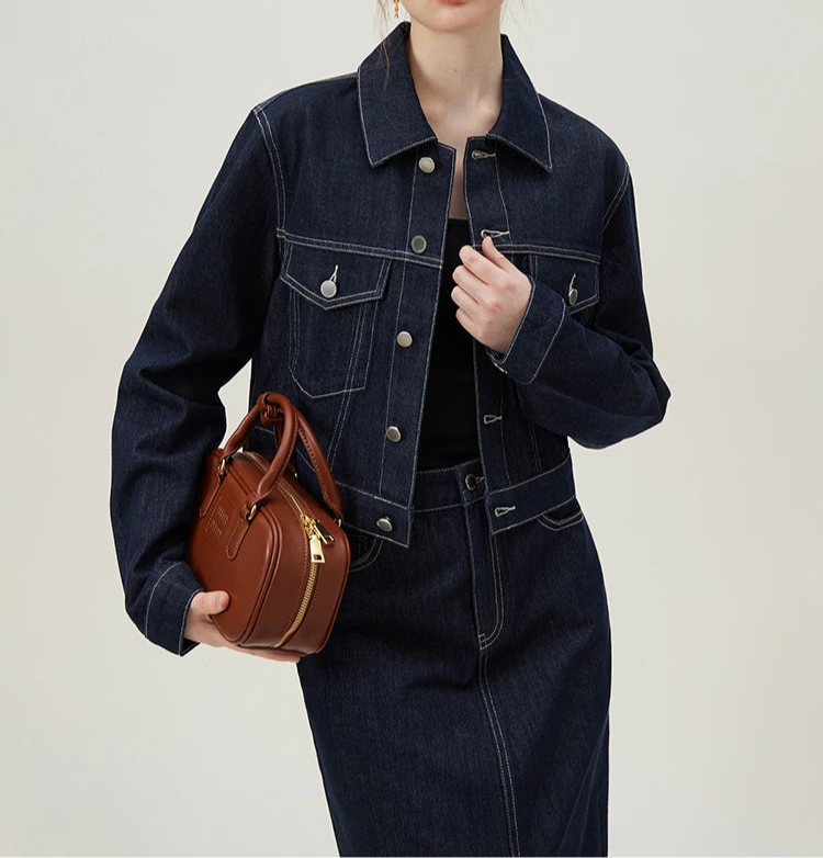 Casual Denim Short Coat With Skirt Suit