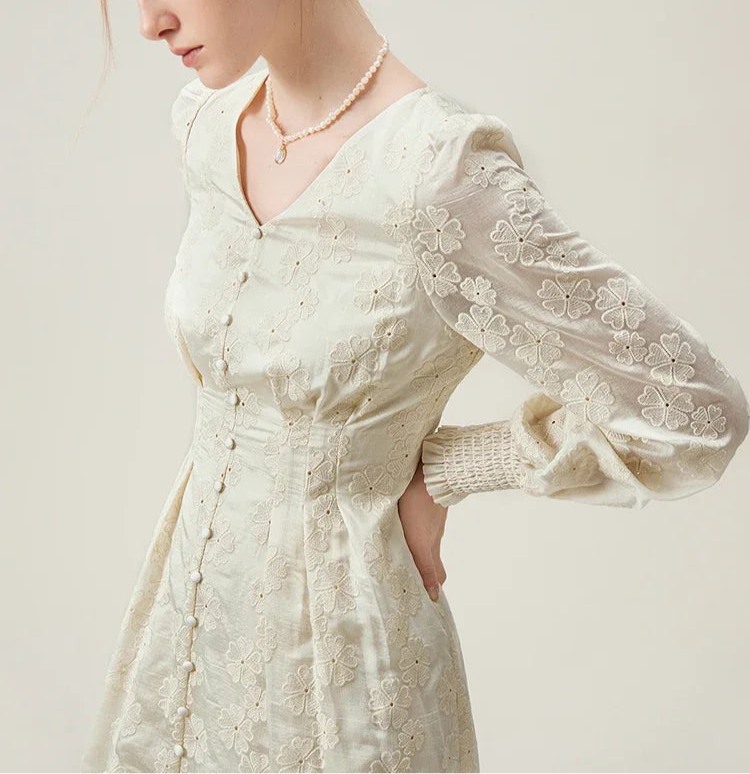 Long sleeved Jacquard Beige Dress