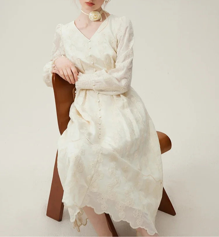 Long sleeved Jacquard Beige Dress