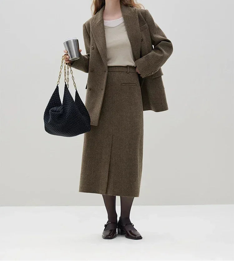 Wool Brown Blazer & Skirt Set