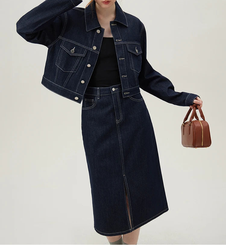 Casual Denim Short Coat With Skirt Suit